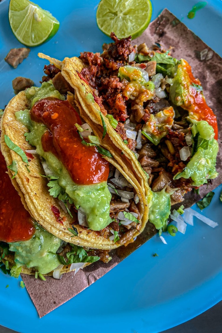Ground Beef Tacos with Guacamole and Red Chili Pepper Sauce - Taco Recipe
