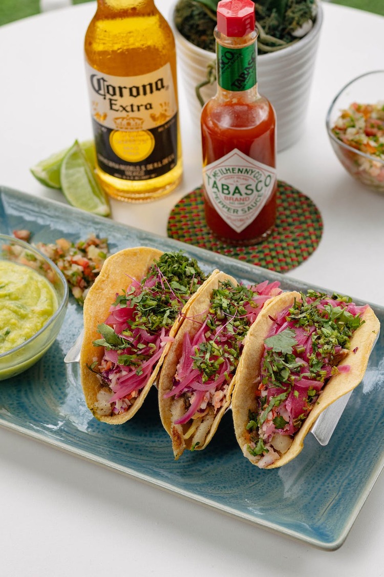 Taco Recipe - Fish Tacos with Pickled Onions and Avocado Crema
